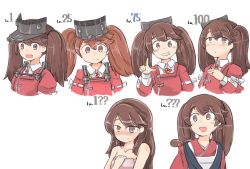Rule 34 | 1girl, :d, blush, brown eyes, brown hair, collarbone, commentary request, enjaku izuku, grin, hair down, highres, japanese clothes, jewelry, kantai collection, kariginu, long hair, magatama, multiple views, open mouth, ring, ryuujou (kancolle), simple background, smile, twintails, upper body, visor cap, wedding band, white background