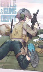 Rule 34 | 1girl, ass, blush, boots, breasts, bullet, combat boots, commentary request, denim, ear protection, elbow pads, english text, from behind, gloves, green eyes, grey hair, gun, handgun, helmet, highres, holstered, jeans, load bearing vest, looking at viewer, looking back, lying, magazine (weapon), military, on stomach, original, pants, pen, pistol, pouch, rifle, samaru (seiga), scope, short hair, small breasts, sniper, sniper rifle, solo, thigh pouch, tripod, unworn gloves, unworn headwear, unworn helmet, v, walkie-talkie, weapon