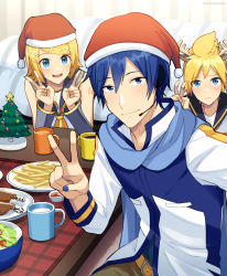 Rule 34 | 1girl, 2boys, animal ears, antlers, arm warmers, bare shoulders, bass clef, bird, black collar, blonde hair, blue eyes, blue hair, blue nails, blue scarf, blush, chabudai (table), chicken, christmas, christmas tree, coat, collar, commentary, cup, deer ears, double v, food, french fries, frown, grey collar, grey sleeves, hair ornament, hairclip, hat, headphones, headset, horns, indoors, kagamine len, kagamine rin, kaito (vocaloid), looking at viewer, mug, multiple boys, nail polish, neckerchief, nokuhashi, red headwear, reindeer antlers, salad, santa hat, scarf, shirt, short hair, shoulder tattoo, sleeveless, sleeveless shirt, smile, spiked hair, sweat, swept bangs, table, tattoo, treble clef, v, vocaloid, white coat, white shirt, yellow neckerchief