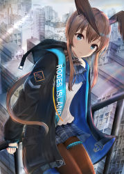 Rule 34 | 1girl, amiya (arknights), animal ears, arknights, ascot, black jacket, blue ascot, blue eyes, blue skirt, blush, brown hair, brown pantyhose, city, commentary request, cowboy shot, hair between eyes, highres, jacket, light rays, long hair, long sleeves, looking at viewer, miniskirt, open clothes, open jacket, outdoors, pantyhose, pleated skirt, rabbit ears, railing, shirt, sidelocks, skirt, so korokoro, solo, thighlet, white shirt