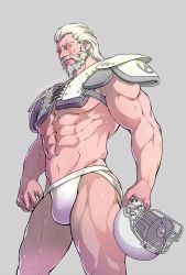 Rule 34 | 1boy, abs, american football, american football uniform, artist name, bara, beard, biceps, evinist, facial hair, headgear, highres, jockstrap, looking at viewer, male focus, male underwear, manly, mature male, muscular, muscular male, navel, no pants, overwatch, overwatch 1, scar, scar across eye, scar on face, shoulder pads, solo, sportswear, thick arms, thick thighs, thighs, topless male, underwear, white hair