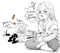Rule 34 | 1girl, angry, barefoot, blush, carrot, chair, child, english text, feet, female focus, fork, highres, holding, holding stuffed toy, long sleeves, masuda (yousaytwosin), md5 mismatch, messy hair, monochrome, open mouth, original, pants, simple background, sitting, sketch, solo, spot color, star (symbol), star print, stuffed animal, stuffed rabbit, stuffed toy, sweatpants, tantrum, toes, webp-to-png conversion, white background