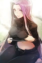Rule 34 | 1girl, black sweater, breasts, clothes lift, collarbone, denim, fate/hollow ataraxia, fate/stay night, fate (series), glasses, highres, jeans, large breasts, lifted by self, long hair, looking at viewer, medusa (fate), medusa (rider) (fate), navel, official alternate costume, open fly, pants, parted lips, purple hair, shirt lift, sitting, solo, sweater, taishi (picchiridou), turtleneck, undressing, very long hair, wariza, yellow eyes