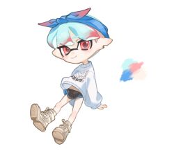 Rule 34 | 1boy, black shorts, blue bow, blue hair, blue hairband, bow, color guide, full body, hairband, highres, inkling, inkling boy, inkling player character, looking at viewer, male focus, multicolored hair, nintendo, pointy ears, print sweater, red eyes, red hair, short hair, short shorts, shorts, simple background, sleeves past wrists, smile, solo, spl8ya, splatoon (series), sweater, tentacle hair, two-tone hair, white background, white sweater