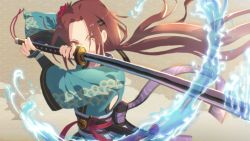 Rule 34 | 1girl, highres, japanese clothes, kimono, long hair, looking at viewer, okg, princess connect!, ruka (princess connect!), sword, weapon