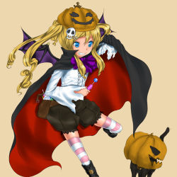 Rule 34 | 1girl, blonde hair, bloomers, blue eyes, boots, candy, cape, cat, character request, food, halloween, jack-o&#039;-lantern, lollipop, patterned legwear, pumpkin, rokuichi, sepia background, shirt, skull, solo, standing, standing on one leg, striped clothes, striped thighhighs, swirl lollipop, thighhighs, twintails, underwear, white shirt, wings