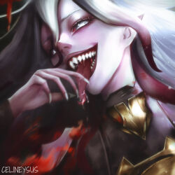 Rule 34 | 1girl, artist name, blood, briar (league of legends), celineysus, colored sclera, colored skin, commentary, english commentary, fingernails, gradient hair, grey hair, hair between eyes, highres, league of legends, long hair, multicolored hair, no pupils, open mouth, pink hair, pointy ears, red sclera, saliva, sharp fingernails, sharp teeth, sidelocks, smile, solo, streaked hair, teeth, tongue, tongue out, two-tone hair, upper body, vampire, white eyes, white nails, white skin