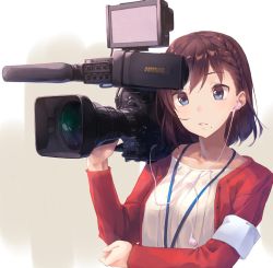 Rule 34 | 1girl, blue eyes, braid, brown hair, camera, collarbone, earbuds, earphones, holding, holding camera, open clothes, open mouth, original, recording, shirt, short hair, solo, upper body, video camera, white shirt, yomo (majidon)
