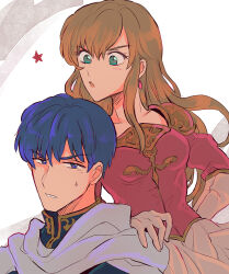 Rule 34 | 1boy, 1girl, angry, blonde hair, blue coat, blue eyes, blue hair, cape, coat, couple, earrings, finn (fire emblem), fire emblem, fire emblem: genealogy of the holy war, green eyes, hand on another&#039;s shoulder, hetero, jewelry, lachesis (fire emblem), long hair, looking at viewer, nintendo, noshima, open mouth, pink shirt, shirt, white cape