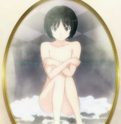 Rule 34 | amagami, black hair, bob cut, brown eyes, censored, convenient censoring, covering privates, covering breasts, crossed arms, flat chest, frown, highres, messy hair, mirror, nude, nude cover, on floor, reflection, screencap, short hair, sitting, stitched, tachibana miya, third-party edit, towel, wet