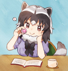 Rule 34 | 1girl, animal ears, black bow, black hair, book, bow, chair, coffee, coffee mug, common raccoon (kemono friends), cup, dot nose, fang, hand on own face, highres, jewelry, kemono friends, locket, mug, open book, pendant, raccoon ears, raccoon girl, raccoon tail, short hair, sitting, smile, solo, striped tail, suicchonsuisui, table, tail
