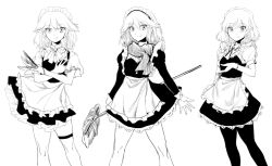 Rule 34 | 1girl, apron, black pantyhose, bow, braid, double dealing character, embodiment of scarlet devil, geppewi, greyscale, hair bow, hair ornament, izayoi sakuya, knife, long sleeves, looking at viewer, maid headdress, md5 mismatch, monochrome, multiple persona, pantyhose, parody, perfect cherry blossom, puffy sleeves, resized, scarf, short hair, short sleeves, simple background, smile, smirk, standing, touhou, twin braids, variations, waist apron, white background