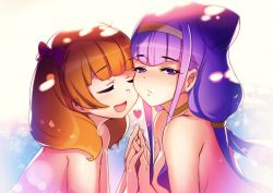 Rule 34 | 10s, 2girls, aisaki emiru, blush, breasts, choker, commentary request, closed eyes, hairband, heart, hugtto! precure, long hair, looking at viewer, low twintails, medium breasts, multiple girls, nude, open mouth, orange hair, precure, purple eyes, purple hair, rumo, ruru amour, short hair, smile, twintails, yellow choker, yellow hairband, yuri