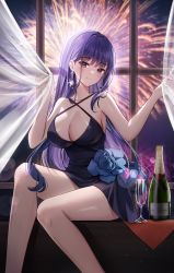 Rule 34 | 1girl, absurdres, bad id, bad twitter id, bare arms, bare legs, blue flower, bottle, breasts, cleavage, criss-cross halter, cup, curtain grab, curtains, dress, drinking glass, earrings, feet out of frame, fireworks, flower, genshin impact, halterneck, highres, indoors, jewelry, large breasts, looking at viewer, mole, mole under eye, nannung, purple dress, purple eyes, purple hair, raiden shogun, see-through, sidelocks, sitting, sleeveless, sleeveless dress, smile, solo, window, wine bottle, wine glass