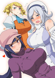 Rule 34 | 10s, 3girls, aila jyrkiainen, aoi manabu, bare shoulders, blonde hair, blue eyes, blush, breasts, drill hair, elbow gloves, flying sweatdrops, freckles, gloves, green eyes, gundam, gundam build fighters, hat, heart, large breasts, long hair, looking at viewer, mihoshi (gundam bf), multiple girls, open mouth, ponytail, purple eyes, quad drills, short hair, silver hair, smile, tears, wavy mouth, yajima caroline