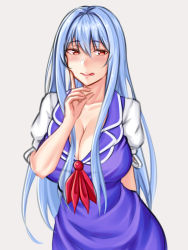 Rule 34 | 1girl, arm behind back, blue dress, blue hair, blush, breasts, cleavage, collarbone, commentary request, cowboy shot, dress, finger to cheek, grey background, index finger raised, kamishirasawa keine, large breasts, licking lips, looking to the side, mimasi osuwari, naughty face, puffy short sleeves, puffy sleeves, short sleeves, simple background, solo, tongue, tongue out, touhou