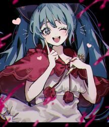 Rule 34 | 1girl, :d, bad end night (vocaloid), black background, black ribbon, blood, blue eyes, blue hair, blue nails, blush stickers, bow, bowtie, capelet, cowboy shot, dot nose, drawn whiskers, dress, hair ribbon, hatsune miku, heart, highres, inu totemo, letterboxed, long bangs, long hair, looking at viewer, nail polish, one eye closed, open mouth, pink blood, pom pom (clothes), red bow, red bowtie, red capelet, ribbon, sidelocks, simple background, smile, solo, teeth, twintails, upper teeth only, very long hair, vocaloid, white dress