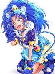 Rule 34 | 10s, 1girl, :d, animal ears, asymmetrical clothes, blue eyes, blue gloves, blue hair, blue jacket, blue neckwear, blue theme, blue thighhighs, choker, cure gelato, earrings, fang, food-themed hair ornament, fur, fur jacket, fur trim, gloves, hair ornament, highres, jacket, jewelry, kirakira precure a la mode, lion ears, lion tail, long hair, magical girl, open mouth, ponytail, precure, sharumon, short sleeves, simple background, single thighhigh, smile, solo, tail, tategami aoi, thighhighs, white background