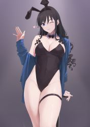 Rule 34 | 1girl, absurdres, amagami, animal ears, bare legs, black bow, black bowtie, black hair, black leotard, blue eyes, blue robe, bow, bowtie, breasts, cleavage, commentary request, cowboy shot, curly hair, detached collar, gradient background, hairband, highres, large breasts, leotard, long hair, looking at viewer, matsukan (dug pile), morishima haruka, one eye closed, playboy bunny, rabbit ears, robe, solo, strapless, strapless leotard