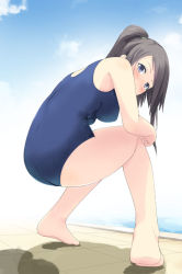 Rule 34 | 1girl, barefoot, black hair, blue eyes, blush, breasts, cloud, day, feet, foreshortening, from below, looking back, medium breasts, one-piece swimsuit, ponytail, pool, sakusaku, shadow, sky, solo, squatting, swimsuit, wet