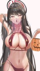 Rule 34 | 1girl, absurdres, black hair, blue archive, breasts, covered mouth, dancer&#039;s costume (dq), halloween, halloween costume, highres, large breasts, long hair, pumpkin, red eyes, rio (blue archive), solo, zcrt8375