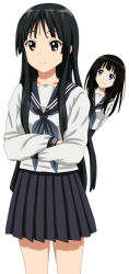 Rule 34 | 1girl, 2girls, akiyama mio, black eyes, black hair, blush, can&#039;t be this cute, chitanda eru, company connection, cosplay, cp9a, hime cut, hyouka, k-on!, kyoto animation, long hair, look-alike, looking at another, looking at viewer, multiple girls, official style, purple eyes, school uniform, simple background, skirt, smile, thighhighs, uniform, very long hair, white background