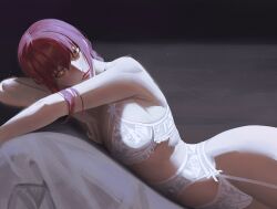 Rule 34 | 1girl, absurdres, bare shoulders, bra, breasts, chainsaw man, commentary, english commentary, garter belt, garter straps, hair between eyes, highres, large breasts, long hair, looking at viewer, lying, makima (chainsaw man), on stomach, panties, purple hair, rasipan, smile, solo, underwear, underwear only, white bra, white panties, yellow eyes