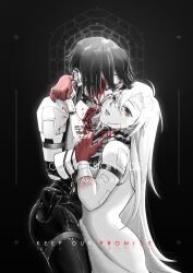 Rule 34 | 2girls, absurdres, android, ariane yeong, black hair, blood, closed eyes, cyberpunk, elster (signalis), highres, injury, joints, kiss, kissing cheek, looking at viewer, mechanical parts, multiple girls, robot joints, science fiction, signalis, spoilers, too many bandaids, yuri