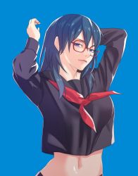 Rule 34 | 1girl, alternate costume, blue background, blue eyes, blue hair, breasts, byleth (female) (fire emblem), byleth (fire emblem), fire emblem, fire emblem: three houses, highres, looking at viewer, medium breasts, medium hair, midriff, nintendo, pomelomelon, school uniform, smile, solo, sunglasses, upper body