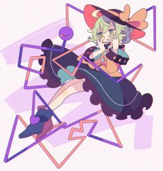 Rule 34 | 1girl, ahoge, ankle boots, bad id, bad tumblr id, black bow, black footwear, black hat, blouse, boots, bow, chromatic aberration, closed mouth, collared shirt, covering face, crossed bangs, daizu (melon-lemon), eyeball, eyes visible through hair, film grain, frilled skirt, frills, from side, full body, gradient eyes, green eyes, green hair, green skirt, hair between eyes, hands up, hat, hat bow, heart, highres, invisible chair, komeiji koishi, leg up, legs together, light green hair, long sleeves, looking away, medium skirt, multicolored eyes, no nose, purple background, shirt, short hair, sitting, skirt, sleeve bow, solo, third eye, touhou, wavy hair, wide sleeves, yellow bow, yellow shirt