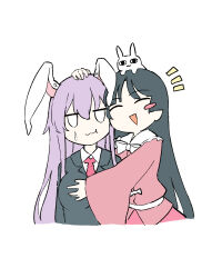 Rule 34 | 2girls, :3, animal ears, belt, black hair, black jacket, blank eyes, blazer, blush stickers, breasts, cheek squash, closed eyes, collared jacket, collared shirt, commentary request, deetamu, empty eyes, floppy ears, grabbing, grabbing another&#039;s breast, hand on another&#039;s head, houraisan kaguya, hug, jacket, large breasts, long hair, looking at viewer, multiple girls, necktie, open mouth, pink shirt, purple hair, rabbit, rabbit ears, red necktie, red skirt, reisen udongein inaba, ribbon, shirt, simple background, skirt, sweat, touhou, upper body, very long hair, white background, white ribbon, white shirt