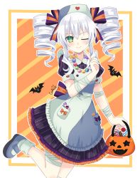 Rule 34 | apron, bandages, basket, bats, black sister, boarder, breasts, candy, caro-xy, collar, dress, drill hair, food, gekijigen tag: blanc + neptune vs zombie gundan, green eyes, halloween, jewelry, long hair, maid, nadekirby, necklace, nepnep connect: chaos chanpuru, neptune (series), one eye closed, one shut, orange background, power symbol-shaped pupils, pumpkin, ribbon, shoes, simple background, skirt, small breasts, smile, solo, striped, symbol-shaped pupils, thighhighs, tsundere, twin drills, twintails, uni (neptunia), uniform, white hair, wink