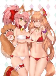 Rule 34 | 10s, 2girls, animal ear fluff, animal ears, animal hands, bare shoulders, bikini, blush, bow, bracelet, breast press, breasts, brown hair, cat hair ornament, cat paws, choker, cleavage, collar, commentary request, eyebrows, fang, fate/extra, fate/extra ccc, fate/extra ccc fox tail, fate/grand order, fate (series), flower, fox ears, fox shadow puppet, fox tail, hair bow, hair flower, hair ornament, hand up, highres, hip focus, jewelry, large breasts, long hair, looking at viewer, multiple girls, navel, one eye closed, open mouth, paw shoes, pink hair, ponytail, red bikini, side-tie bikini bottom, sidelocks, simple background, smile, strapless, strapless bikini, suzuka gozen (fate), swimsuit, symmetrical docking, tail, tamamo (fate), tamamo cat (fate), tamamo no mae (fate/extra), thigh strap, white background, white bikini, yaman, yellow eyes