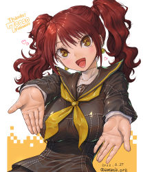 Rule 34 | 1girl, amania orz, breasts, brown eyes, brown hair, earrings, highres, jewelry, kujikawa rise, large breasts, looking at viewer, open mouth, persona, persona 4, school uniform, serafuku, simple background, smile, solo, turtleneck, twintails, yellow eyes