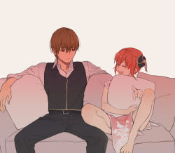 Rule 34 | 1boy, 1girl, 1koma, barefoot, belt, black belt, black pants, black vest, brown hair, bun cover, china dress, chinese clothes, closed mouth, comic, couch, double bun, dress, dress shirt, closed eyes, facing another, frown, gintama, grey background, hetero, holding, holding pillow, kagura (gintama), laughing, loli bushi, long sleeves, looking at another, medium dress, okita sougo, open mouth, orange hair, pants, pillow, pink dress, pointing, print dress, red eyes, shirt, side slit, silent comic, simple background, sitting, smile, vest, white shirt