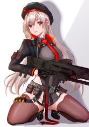 Rule 34 | 1girl, arm pouch, assault rifle, belt pouch, beret, black gloves, black hat, black jacket, black leotard, breasts, brown thighhighs, collared leotard, cropped jacket, gloves, goddess of victory: nikke, gun, hat, highres, holding, holding gun, holding weapon, jacket, kneeling, leotard, light brown hair, long hair, medium breasts, multicolored clothes, multicolored jacket, necktie, pouch, ramuneogura, rapi (nikke), red eyes, red gloves, red jacket, red necktie, rifle, solo, spread legs, squatting, thighhighs, tiptoes, two-tone gloves, two-tone jacket, weapon