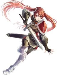 Rule 34 | 1girl, absurdres, armored boots, artist name, black gloves, boots, clear glass (mildmild1311), detached sleeves, fighting stance, fingerless gloves, fire emblem, fire emblem awakening, full body, gloves, hair flowing over, hand on weapon, highres, holding, holding sword, holding weapon, leggings, long hair, nintendo, red eyes, red hair, severa (fire emblem), sheath, shield, shirt, signature, simple background, sleeveless, sleeveless shirt, smile, solo, standing, sword, twintails, twitter username, v-shaped eyebrows, very long hair, weapon, weapon on back, white background, white footwear