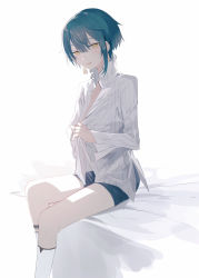 Rule 34 | 1boy, androgynous, bad id, bad pixiv id, blue hair, blush, collared shirt, earrings, frills, genshin impact, highres, holding, holding clothes, holding shirt, jewelry, long sleeves, looking at viewer, male focus, open clothes, open mouth, open shirt, shirt, short hair, shorts, simple background, single earring, smile, solo, white background, white shirt, xingqiu (genshin impact), yellow eyes, yoko (nz g)