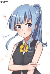 Rule 34 | 1girl, alternate hairstyle, ascot, bad id, bad twitter id, black vest, blouse, blue hair, blush, commentary request, hatsukaze (kancolle), kantai collection, looking at viewer, meguru (megurunn), ponytail, shirt, simple background, sleeves rolled up, solo, twitter username, upper body, vest, white background, white shirt