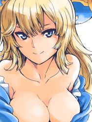 Rule 34 | 1girl, awilda (p&amp;d), bare shoulders, blonde hair, blue eyes, breasts, cleavage, collarbone, hat, ishiyumi, large breasts, long hair, mole, mole under eye, off shoulder, pirate hat, puzzle &amp; dragons, smile, solo