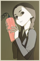 Rule 34 | 1girl, addams family, animification, artificial vagina, black hair, braid, brown eyes, buttons, dress, dynamite, explosive, female focus, fingernails, go robots, long hair, looking at viewer, pale skin, sex toy, simple background, solo, twin braids, wednesday addams