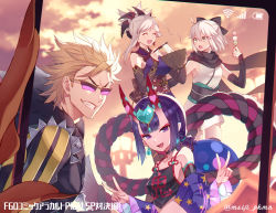Rule 34 | 1boy, 3girls, ahoge, arm guards, bare shoulders, black bow, black jacket, blonde hair, blue kimono, blush, bow, bowl, breasts, cellphone photo, chinese clothes, chopsticks, closed eyes, collarbone, dango, detached sleeves, dudou, earrings, eyeliner, fang, fate/grand order, fate (series), food, forehead jewel, grin, hair bow, hair ornament, half updo, horns, jacket, japanese clothes, jewelry, kimono, koha-ace, large breasts, leather, leather jacket, long hair, long sleeves, looking at viewer, low twintails, makeup, meiji ken, miyamoto musashi (fate), miyamoto musashi (first ascension) (fate), multiple girls, noodles, obi, okita souji (fate), oni, orange sky, out of frame, pink hair, pointy ears, ponytail, purple eyes, purple hair, rope, sakata kintoki (fate), sakata kintoki (rider) (fate), sanshoku dango, sash, short hair, short kimono, short twintails, shuten douji (fate), shuten douji (fate/grand order), shuten douji (halloween caster) (fate), skin-covered horns, sky, sleeveless, sleeveless kimono, small breasts, smile, sunglasses, swept bangs, thighs, translation request, twilight, twintails, udon, v, wagashi, white kimono, yellow eyes