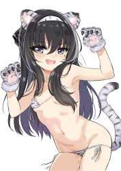 Rule 34 | 1girl, :d, animal ear fluff, animal ears, animal hands, animal print, arm up, armpits, bare shoulders, bikini, black hair, blush, breasts, commentary, fang, gloves, grey bikini, grey eyes, grey gloves, hair between eyes, hairband, hand up, highres, leaning forward, long hair, looking at viewer, micro bikini, mole, mole under eye, navel, open mouth, original, paw gloves, print bikini, print gloves, side-tie bikini bottom, small breasts, smile, solo, standing, swimsuit, symbol-only commentary, tail, tiger ears, tiger girl, tiger print, tiger tail, unname, very long hair, white hairband