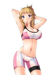 Rule 34 | 10s, 1girl, adjusting hair, armpits, arms behind head, arms up, bike shorts, blonde hair, blue eyes, breasts, cameltoe, cleavage, contrapposto, covered erect nipples, cowboy shot, gundam, gundam build fighters, gundam build fighters try, hoshino fumina, kaminagi (kaminagi-tei), large breasts, looking at viewer, mouth hold, navel, ponytail, solo, sports bra, standing, two-tone sports bra, white background