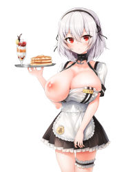Rule 34 | 1girl, alternate costume, anchor choker, apron, azur lane, blush, breasts, breasts out, choker, cleavage, closed mouth, commentary request, cowboy shot, dress, enmaided, food, frilled apron, frilled garter, frills, hair ribbon, hairband, highres, holding, holding tray, huge breasts, ice cream, lace-trimmed hairband, lace trim, large breasts, looking at viewer, macchiato (jae-min cho), maid, maid apron, name tag, nipples, one breast out, pancake, red eyes, ribbon, short hair, sirius (azur lane), solo, standing, sundae, tray, white background, white hair