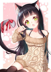 Rule 34 | 1girl, animal ear fluff, animal ears, aran sweater, black hair, blush, bow, breasts, brown sweater, brown thighhighs, cable knit, cat day, cat ears, cat girl, cat tail, chestnut mouth, cleavage, collarbone, commentary request, fang, green eyes, hand up, head tilt, highres, long hair, medium breasts, mirai (happy-floral), off-shoulder sweater, off shoulder, open mouth, original, red bow, sleeves past wrists, slit pupils, solo, sweater, tail, tail bow, tail ornament, thighhighs, very long hair