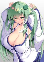 Rule 34 | 1girl, absurdres, blue skirt, breasts, cleavage, closed mouth, commission, detached sleeves, frog hair ornament, gradient background, green eyes, green hair, hair between eyes, hair ornament, half-closed eyes, highres, huge breasts, kochiya sanae, long hair, looking at viewer, nontraditional miko, sakurame, shirt, skeb commission, skirt, smile, snake hair ornament, solo, touhou, upper body, white background, white shirt, wide sleeves