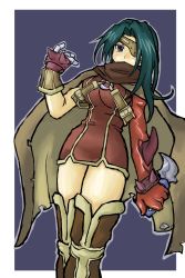 Rule 34 | 1girl, aisha bernadette, belt, bispora, black hair, boots, breasts, cape, dagger, eyepatch, gloves, hair over one eye, holding, holding dagger, holding knife, holding weapon, kanon (wild arms), kanon (wild arms 2), knife, parted bangs, purple background, purple eyes, short hair, simple background, skirt, solo, spikes, thighhighs, weapon, wild arms, wild arms 2