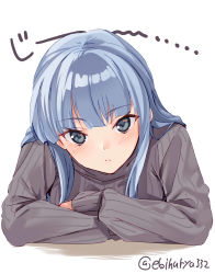 Rule 34 | 1girl, alternate costume, artist name, blue eyes, blue hair, blush, crossed arms, ebifurya, grey sweater, hatsukaze (kancolle), highres, kantai collection, long hair, long sleeves, looking at viewer, ribbed sweater, simple background, solo, sweater, translated, twitter username, upper body, white background