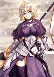 Rule 34 | 1girl, armor, armored dress, banner, black ribbon, blonde hair, blue eyes, braid, enchuu, fate/apocrypha, fate (series), gauntlets, highres, jeanne d&#039;arc (fate), jeanne d&#039;arc (ruler) (fate), long hair, low-tied long hair, ponytail, purple thighhighs, ribbon, sheath, sheathed, single braid, smile, solo, standing, sword, thighhighs, very long hair, weapon